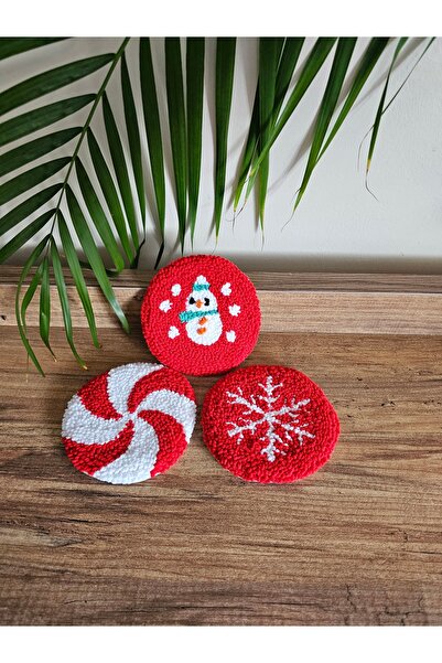 2'li Yılbaşı Punch Kupa, Bardak Altlığı, Punch needle  10 cm