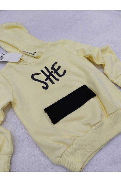 Store Kangaroo Pocket Hat Girl's Tracksuit Set Double Set Yellow Color