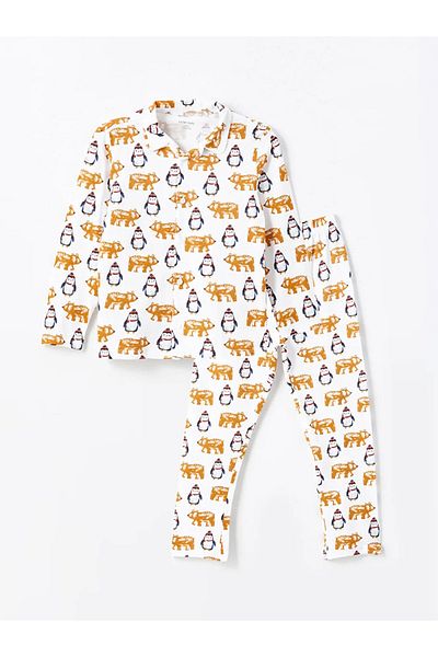 LC Waikiki Lcw Kids Ecru Polo Neck Printed Boys' Pajamas Set