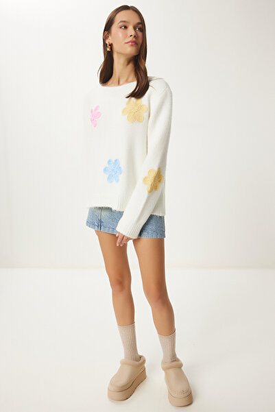 Lovelyİstanbul EKRU LAV0003 - Pulover tricotat cu broderie florală