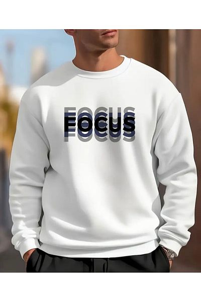 TEXTURA New Season Unisex White Focus Printed 0 Collar Sweatshirt