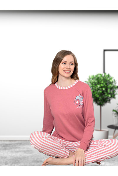 YusGos Love Heart Patterned Cotton Women's Pajamas Set (Pink)