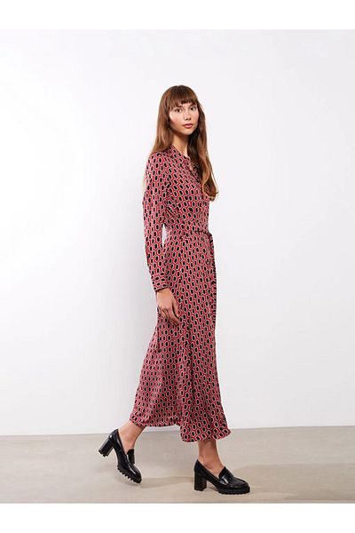 LC Waikiki Lcwaikiki Classic Red Print Long Sleeve Viscose Women's Shirt Dress