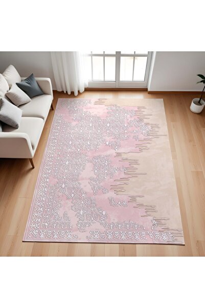 Evmila Modern Desenli Kaymaz Taban Makinede Yıkanır Dijital Baskılı Halı Pembe