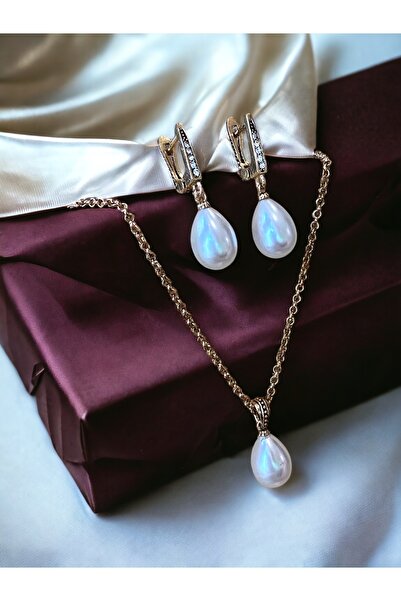 FAYRA ACCESSORIES Zirkon Taşlı Mayorka İnci Kolye ve Mayorka İnci Küpe Seti