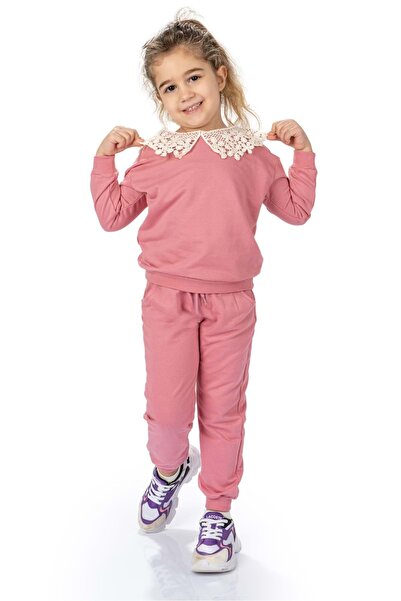 Mnk Baby&Kids Lace Collar Two Thread Girls Tracksuit Set MNK0574 DRIED ROSE