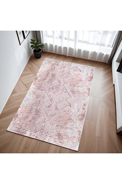 Evmila Modern Desenli Kaymaz Taban Makinede Yıkanır Dijital Baskılı Halı Pembe