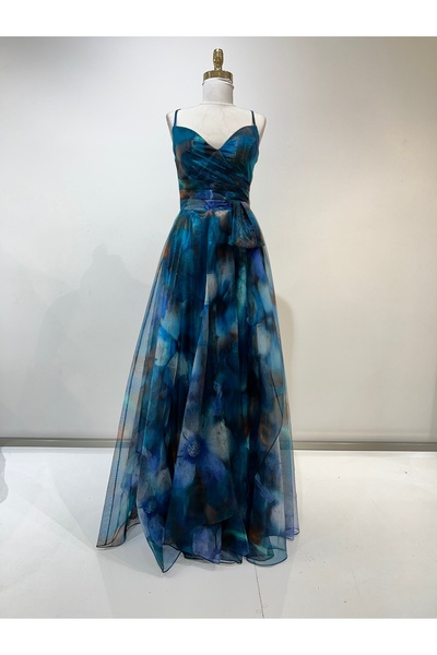 MODA İp Askılı Desenli Tül Abiye