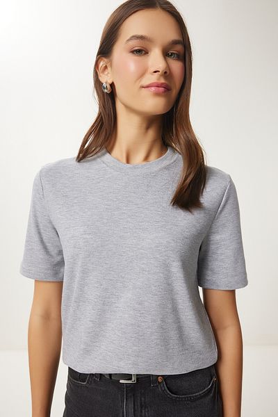 Lovelyİstanbul GREY MELANGE LAG0001 - Βαμβακερό Basic πλεκτό μπλουζάκι