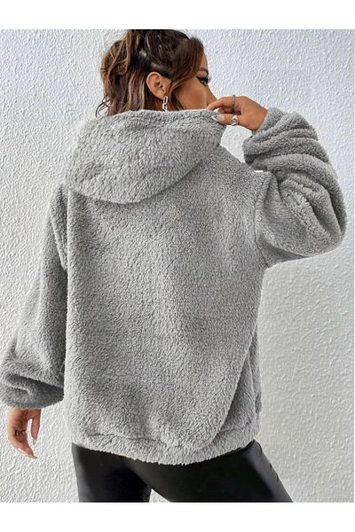 Actiwear Γυναικείο βελούδινο φούτερ Fleece με κουκούλα σε γκρι καγκουρό με κορδόνια