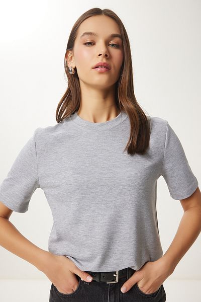 Lovelyİstanbul GREY MELANGE LAG0001 - Βαμβακερό Basic πλεκτό μπλουζάκι