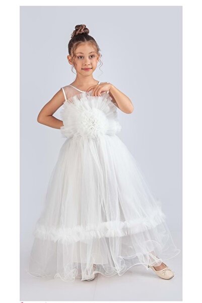 Mnk Baby&Kids Rochie de seara pentru fete cu fusta lunga si bretele cu motiv trandafir M00670 ALB