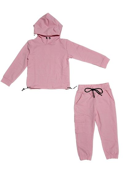 Mnk Baby&Kids Casual αθλητική φόρμα για κορίτσια - κουκούλα και λαστιχένια λεπτομέρεια μέσης, 2 κλωστές MNK0665 ΡΟΖ