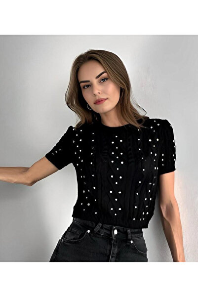 Butik La Lilyum; Taş Detaylı Kısa Kol Saç Örgü Siyah Renkli Kadın Kazak - Şık...