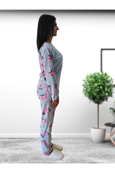 Chordi Happy Days Flamingo Desenli Kadın Polar Peluş Pijama Takımı (Yeşil)