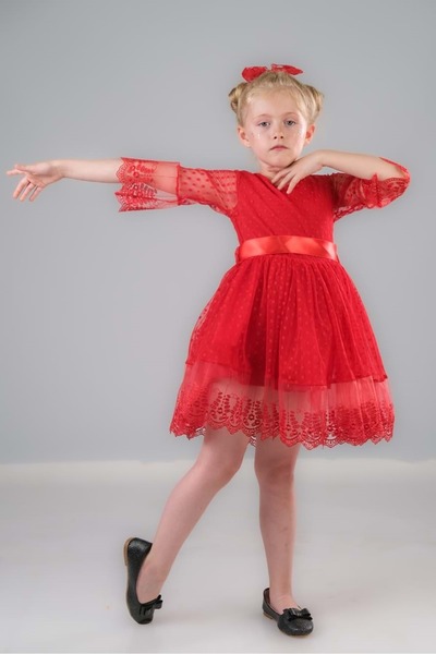 Mnk Луксозна дантелена рокля за момичета MNK0327 ЧЕРВЕНА