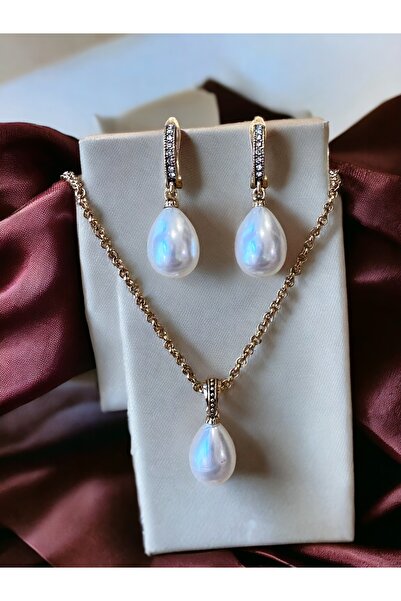 FAYRA ACCESSORIES Zirkon Taşlı Mayorka İnci Kolye ve Mayorka İnci Küpe Seti