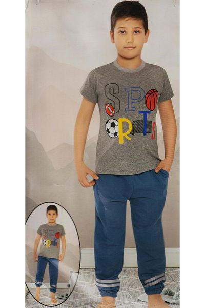 Mnk Baby&Kids Κοντομάνικο μπλουζάκι, μακρύ παντελόνι για αγόρια πιτζάμες M00672 Γκρι - Μπλε