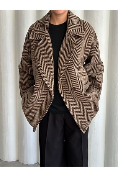 Laluvia Camel - Černý 1. stupeň kvality rybího hřbetu Oversize kašmírový kabát