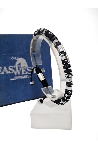 EAST&WEST 925 Ayar Gümüş Hematit Doğaltaşı Siyah Beyaz Gümüş Bileklik, Kartal