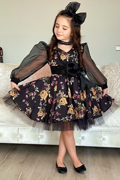 Mnk Μαύρο φόρεμα για κορίτσια με οργάντζα με μανίκια - 0187