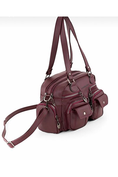 samilon Kadın Bordo Yıkama Deri Çok Gözlü Omuz Ve Kol Çantası