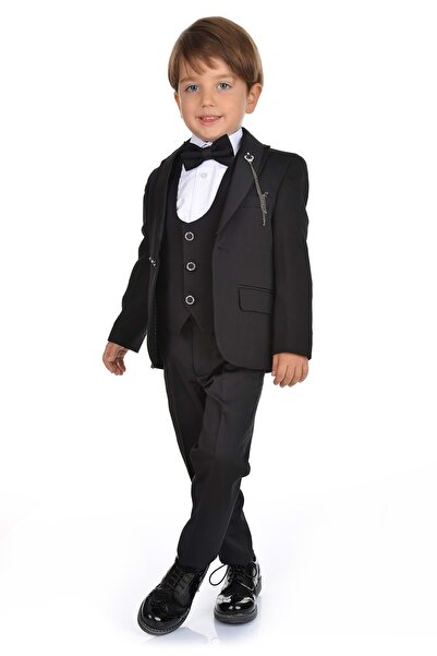 Mnk Boy's Groom's Suit with Jacket and Vest Black