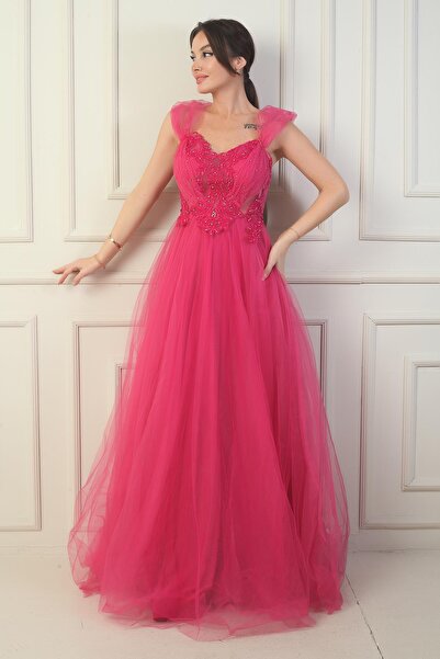 By Saygı Women's Front Back V Neck Lined Low Sleeves Top Applique Embroidery Princess Evening Dress