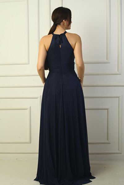 By Saygı Жіноча вечірня сукня з глибоким вирізом на грудях плісирована з підкладкою довга срібляста вечірня сукня