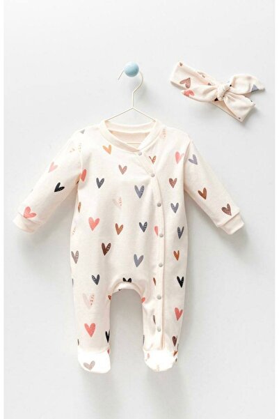 Elias Baby YENİ DOĞAN KIZ BEBEK TULUMU VE BANDANASI BABY 2 Lİ SET  AY KALPLİ ...