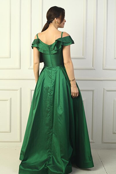 By Saygı Γυναικείο βραδινό φόρεμα με λουράκι με σχοινί με λαιμόκοψη τριαντάφυλλο με λεπτομέρεια με τσέπες μακριά ταφτά