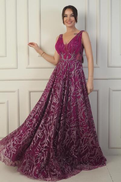 By Saygı Kadın Ön Arka V Yaka Göğüs Pliseli Arkadan Bağcıklı Astarlı Sim Flok Baskı Uzun Abiye Elbise