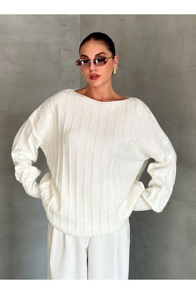 Laluvia Bone Boat nyakú bordás oversize pulóver