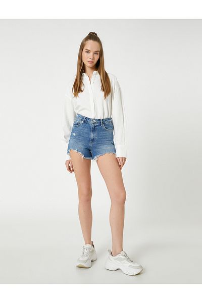 Koton Oversize Shirt Linen Blend Crop Button Long Sleeve