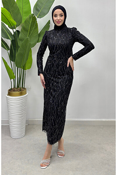 sefamerve Βραδινό φόρεμα από μαύρο γκλίτερ τούλι - 5518-01