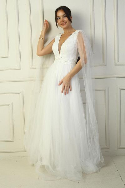 By Saygı Rochie de seară lungă din tul pentru femei, față, spate, cu decolteu în V, cu mărgele brodate
