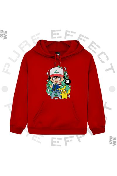 PURE EFFECT Унисекс детски суитшърт с шарка на Pokemon Ash - 3 прежди, предварително принтиран, многоцветен