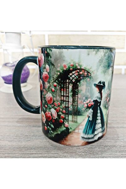 Mugs and love Çiçekli yol vintage baskı büyük boy porselen kupa