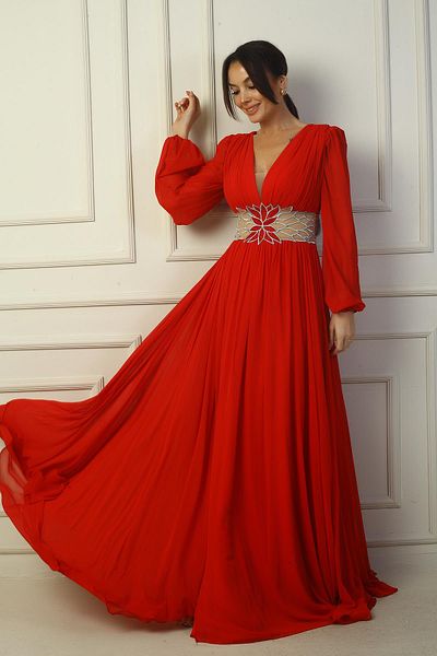 By Saygı Rochie de seară lungă din șifon, cu căptușeală brodata, cu decolteu în V, în față, în spate