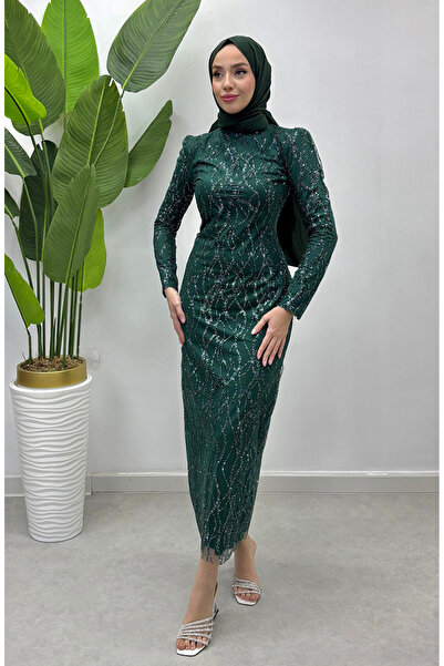 sefamerve Βραδινό φόρεμα από τούλι Lurex 5518-03 Emerald Green