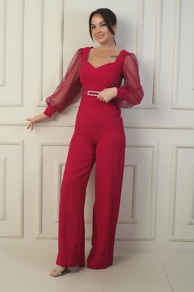 By Saygı Women's Sweetheart Neck Long Tulle Sleeve Belted Palazzo Crepe Jumpsuit
