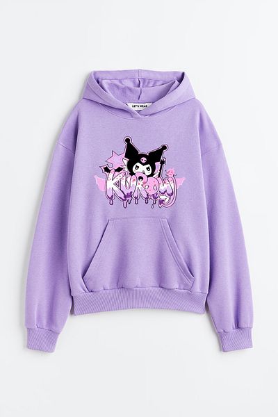 Let's Wear Компактен суитшърт с принт Kuromi Premium от трета прежда, голям размер, за момичета