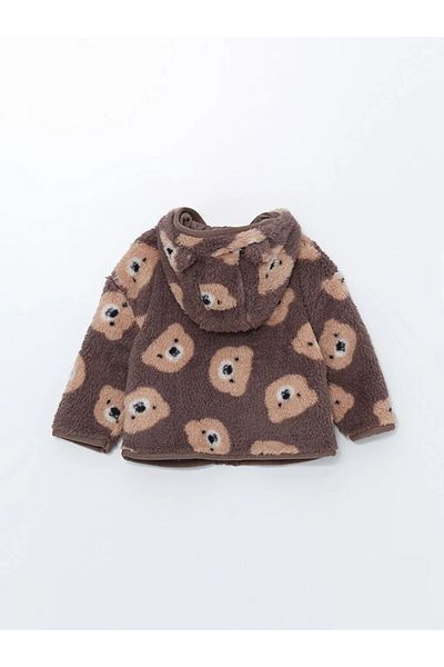 LC Waikiki Lcw Baby Brown Printed Hooded Plush Baby Boy Cardigan