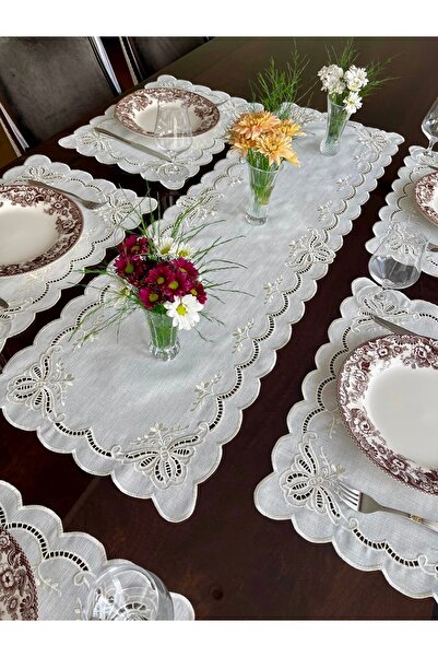 QBR Home 7 parça Kelebek Model Sunum Seti ( 6 adet Amerikan Servis + 1 adet Runner 36 x 116 cm ) 6 Kişilik