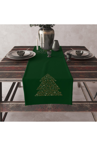 BALKUŞ ATÖLYE BALKUŞ YEŞİL ÇAM AĞACI DESENLİ DEKORATİF YILBAŞI RUNNER