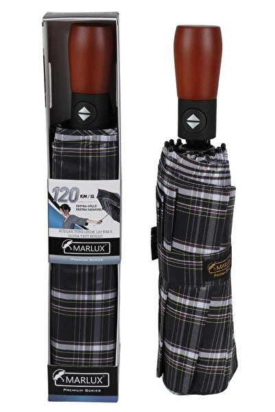 Marlux Ekstra Güçlendirilmiş Otomatik Ahşap Sap Rüzgar Şemsiyesi 10 Fiber Tel...