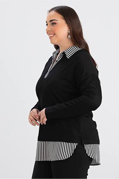 FOR ESRA BIG TREND Γυναικείο πουκάμισο με ριγέ υφαντό πουκάμισο με λεπτομέρεια στο πλάι οβάλ κομμένο ελαστικό μπλούζα βισκόζης