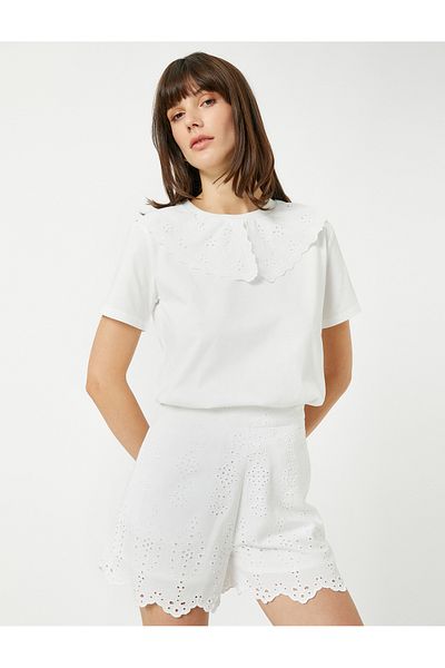 Koton Cotton T-Shirt with Brode Collar Detail