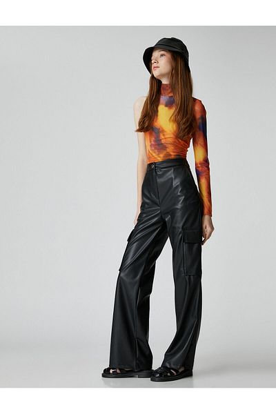 Koton Leather Look Trousers with Cargo Pocket Detail Normal Waist