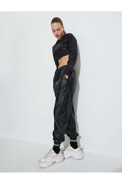 Koton Pantaloni de sport Jogger din piele artificială, cu șireturi în talie